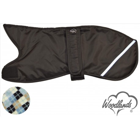 WOODLANDS BLACK WITH REFLECTOR STRIP WHIPPET COAT - ARGYLE CHECK LINING