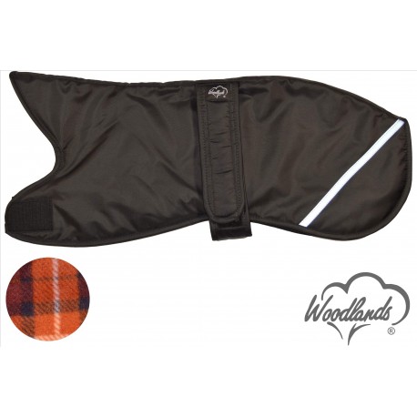 WOODLANDS BLACK WITH REFLECTOR STRIP WHIPPET COAT - BROWN CHECK LINING